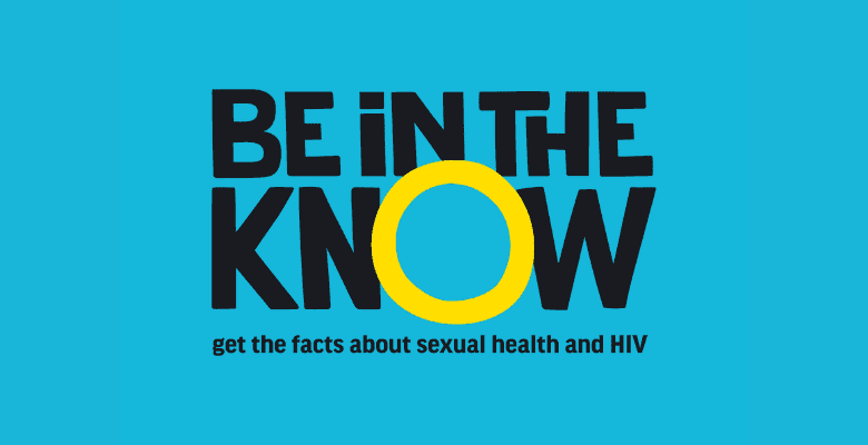 The Be in the KNOW logo in black text on a blue background with the o in know a large yellow circle